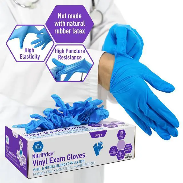Alt view image 3 of 5 - Nitrile/Vinyl Blend Exam Gloves, Powder-Free, Latex-Free, Disposable, Non-Sterile, Blue, Large (Box of 100)