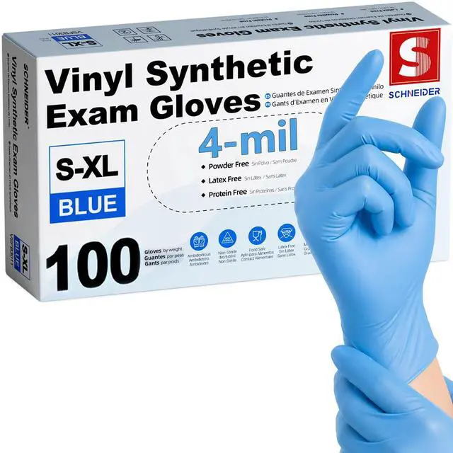 Main image of Medical Blue Vinyl Synthetic Exam Gloves, Large, 100 Count, 4 Mil, Latex-Free Disposable Gloves, Powder-Free, Non-Sterile, For Healthcare, Food Handling, Cleaning, Cooking, Salon.