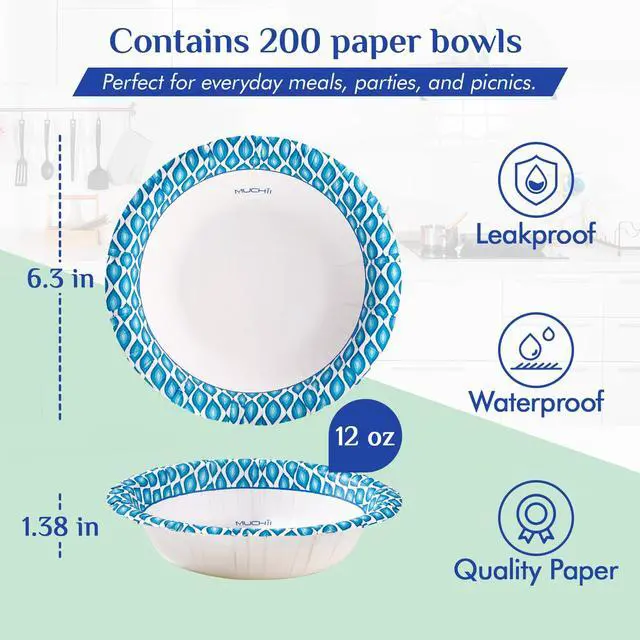 Alt view image 3 of 7 - 12 Oz Paper Bowls 200 Counts Disposable Bowls, Printed Soak Proof Small Bowls for Breakfast, Lunch, and Dinner Meals