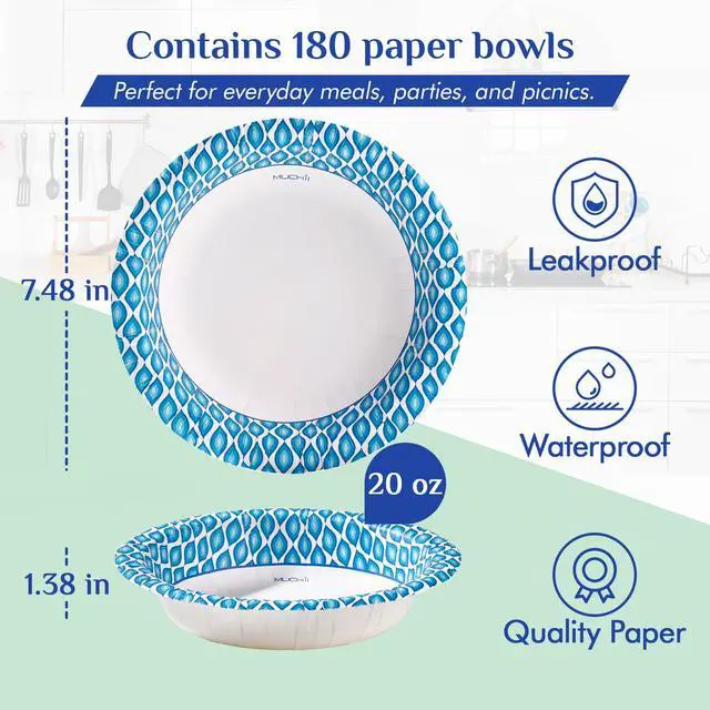 Alt view image 3 of 7 - 20 Oz Paper Bowls 180 Count Disposable Bowls, Printed Soak Proof Large Bowls for Breakfast, Lunch, and Dinner Meals