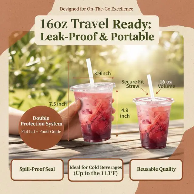 Alt view image 4 of 7 - Disposable Clear Plastic Cups with Lids and Straws,110 Pack,16 oz