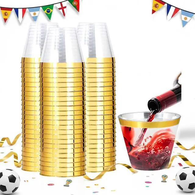 Main image of 200 Pack Gold Plastic Cups, 9 Oz Elegant Clear Plastic Cups Gold Rimmed Disposable Wine Glasses Fancy Disposable Party Cup Wedding Cup Drinking Tumblers Cocktail Glasses Perfect for Party