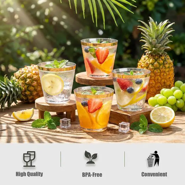 Alt view image 6 of 7 - 200 Pack Gold Plastic Cups, 9 Oz Elegant Clear Plastic Cups Gold Rimmed Disposable Wine Glasses Fancy Disposable Party Cup Wedding Cup Drinking Tumblers Cocktail Glasses Perfect for Party