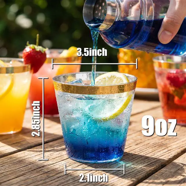 Alt view image 5 of 7 - 200 Pack Gold Plastic Cups, 9 Oz Elegant Clear Plastic Cups Gold Rimmed Disposable Wine Glasses Fancy Disposable Party Cup Wedding Cup Drinking Tumblers Cocktail Glasses Perfect for Party