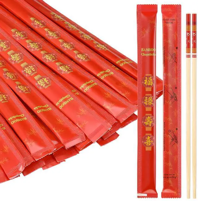 Main image of 200 Pairs Disposable Chopsticks Bulk 9.25 Inch Individually Wrapped Wooden Bamboo Chopsticks with Red Sleeved Fu Lu Shou Xi for Restaurant Sushi Takeout Wedding Dining