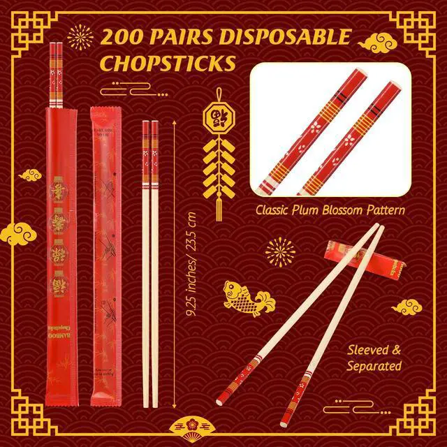 Alt view image 2 of 6 - 200 Pairs Disposable Chopsticks Bulk 9.25 Inch Individually Wrapped Wooden Bamboo Chopsticks with Red Sleeved Fu Lu Shou Xi for Restaurant Sushi Takeout Wedding Dining