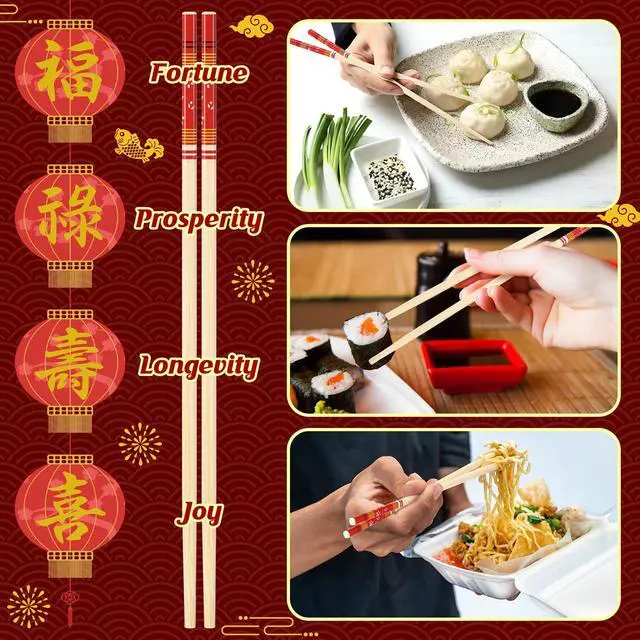 Alt view image 3 of 6 - 200 Pairs Disposable Chopsticks Bulk 9.25 Inch Individually Wrapped Wooden Bamboo Chopsticks with Red Sleeved Fu Lu Shou Xi for Restaurant Sushi Takeout Wedding Dining