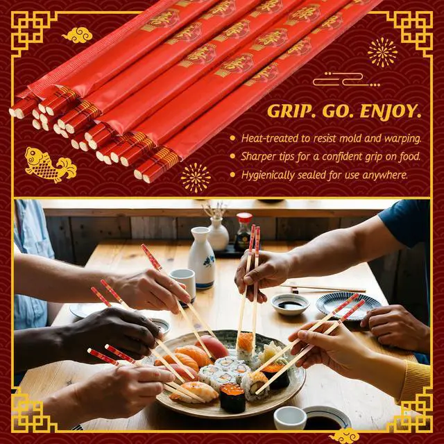 Alt view image 4 of 6 - 200 Pairs Disposable Chopsticks Bulk 9.25 Inch Individually Wrapped Wooden Bamboo Chopsticks with Red Sleeved Fu Lu Shou Xi for Restaurant Sushi Takeout Wedding Dining