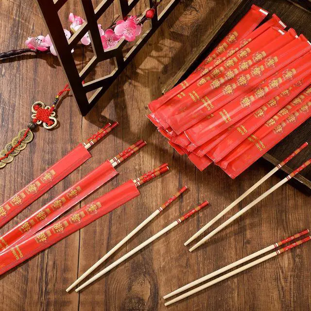 Alt view image 6 of 6 - 200 Pairs Disposable Chopsticks Bulk 9.25 Inch Individually Wrapped Wooden Bamboo Chopsticks with Red Sleeved Fu Lu Shou Xi for Restaurant Sushi Takeout Wedding Dining