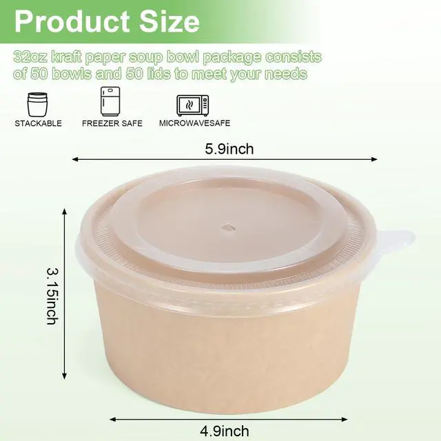 Alt view image 2 of 7 - 50 Pcs 32 Oz disposable meal prep containerspaper bowls with lidsdisposable soup bowlssoup bowls disposable hot/colddisposable salad bowls with lids