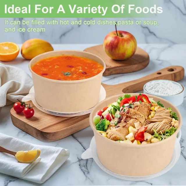 Alt view image 3 of 7 - 50 Pcs 32 Oz disposable meal prep containerspaper bowls with lidsdisposable soup bowlssoup bowls disposable hot/colddisposable salad bowls with lids