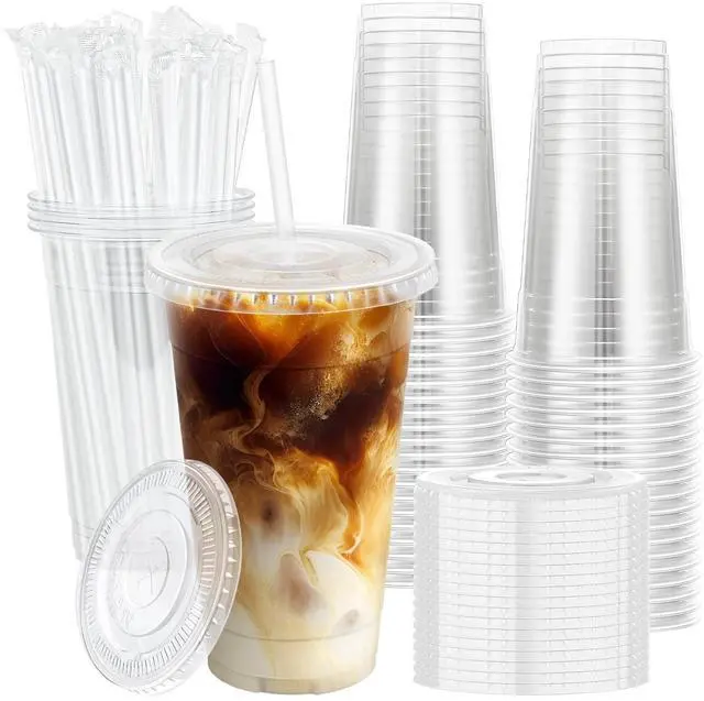 Main image of 100 Pack 20 oz Clear Plastic Cups with Lids and Straws, Disposable Iced Coffee Cups with Lids for To-Go Cold Drinks, Smoothies and Slushie