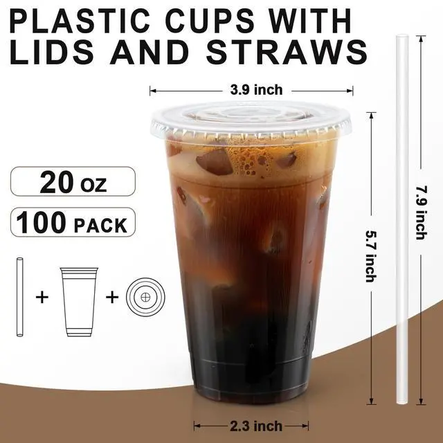 Alt view image 2 of 6 - 100 Pack 20 oz Clear Plastic Cups with Lids and Straws, Disposable Iced Coffee Cups with Lids for To-Go Cold Drinks, Smoothies and Slushie