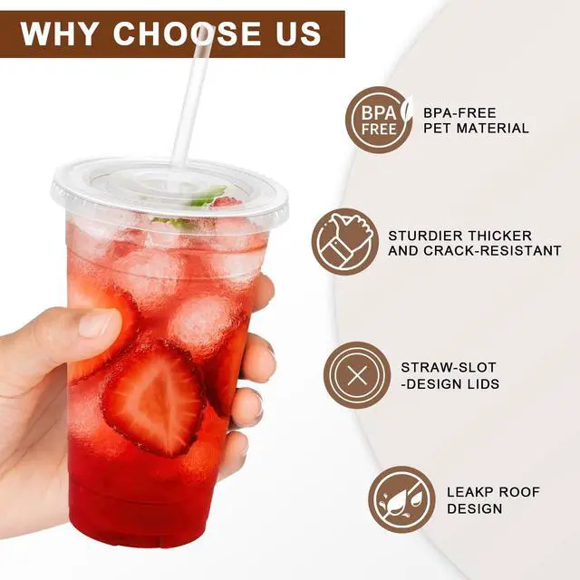 Alt view image 3 of 6 - 100 Pack 20 oz Clear Plastic Cups with Lids and Straws, Disposable Iced Coffee Cups with Lids for To-Go Cold Drinks, Smoothies and Slushie