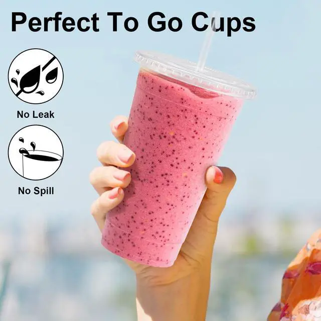 Alt view image 4 of 6 - 100 Pack 20 oz Clear Plastic Cups with Lids and Straws, Disposable Iced Coffee Cups with Lids for To-Go Cold Drinks, Smoothies and Slushie