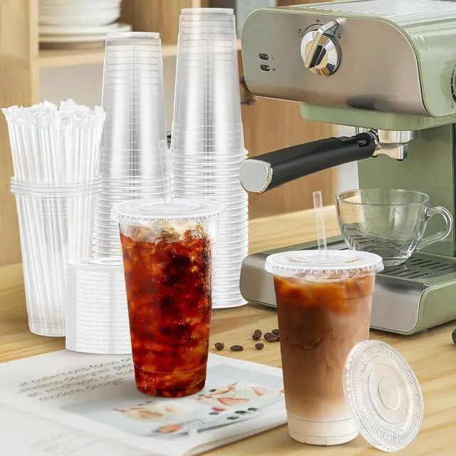 Alt view image 6 of 6 - 100 Pack 20 oz Clear Plastic Cups with Lids and Straws, Disposable Iced Coffee Cups with Lids for To-Go Cold Drinks, Smoothies and Slushie