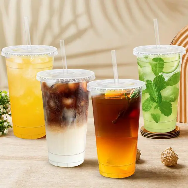 Alt view image 5 of 6 - 100 Pack 20 oz Clear Plastic Cups with Lids and Straws, Disposable Iced Coffee Cups with Lids for To-Go Cold Drinks, Smoothies and Slushie