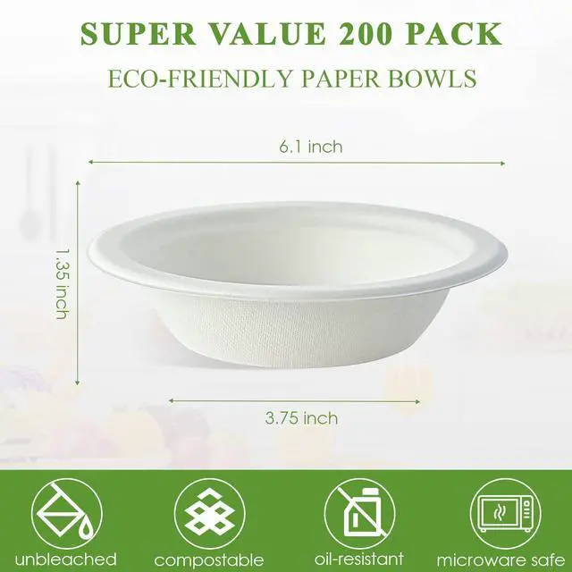 Alt view image 3 of 7 - 200 Pack 12 OZ Paper Bowls, Disposable Compostable Bulk, Eco-friendly Bagasse, Heavy-duty Bowls Perfect for Milk Cereals, Snacks, Salads