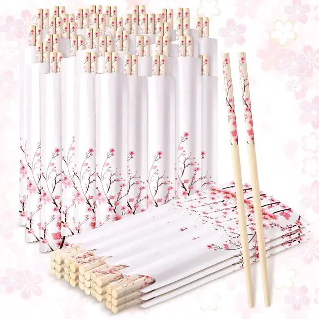Main image of 50 Pairs Cherry Blossom Chopsticks Bulk with Sleeved Blue Flower Disposable Bamboo Eucalyptus Chopsticks Wedding Favors Chinese Japanese Food Supply for Takeout Picnic(Cherry)
