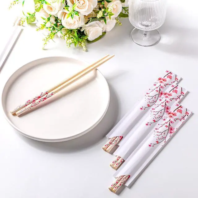 Alt view image 4 of 6 - 50 Pairs Cherry Blossom Chopsticks Bulk with Sleeved Blue Flower Disposable Bamboo Eucalyptus Chopsticks Wedding Favors Chinese Japanese Food Supply for Takeout Picnic(Cherry)
