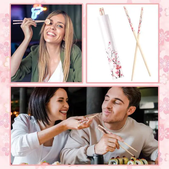 Alt view image 6 of 6 - 50 Pairs Cherry Blossom Chopsticks Bulk with Sleeved Blue Flower Disposable Bamboo Eucalyptus Chopsticks Wedding Favors Chinese Japanese Food Supply for Takeout Picnic(Cherry)