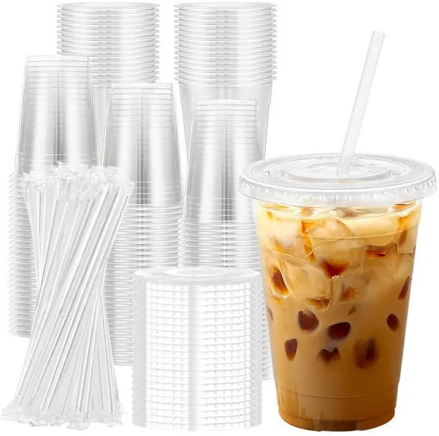 Main image of 100 Pack 16 oz Clear Plastic Cups with Lids and Straws, Disposable Plastic Coffee Cups with Lids for Iced Coffee, Cold Beverages, Smoothies and To-Go Drinks