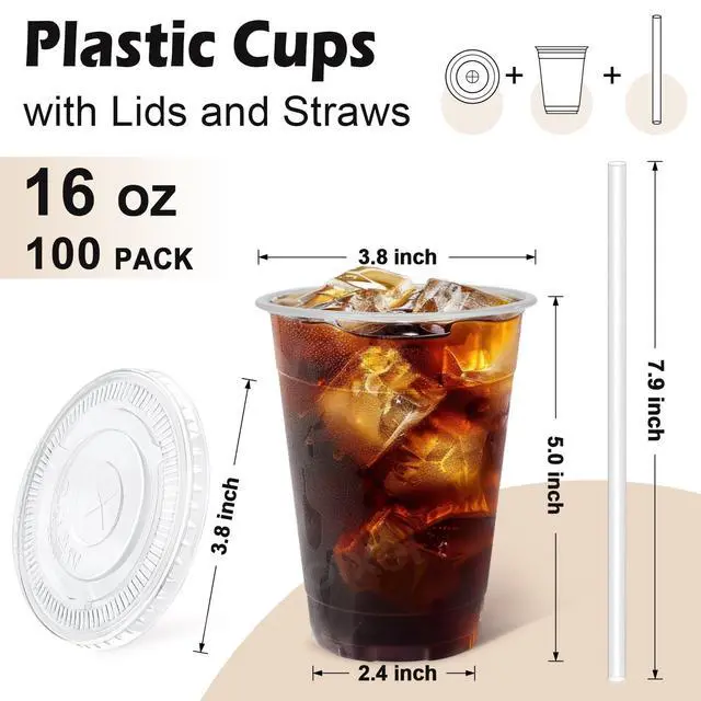 Alt view image 2 of 6 - 100 Pack 16 oz Clear Plastic Cups with Lids and Straws, Disposable Plastic Coffee Cups with Lids for Iced Coffee, Cold Beverages, Smoothies and To-Go Drinks