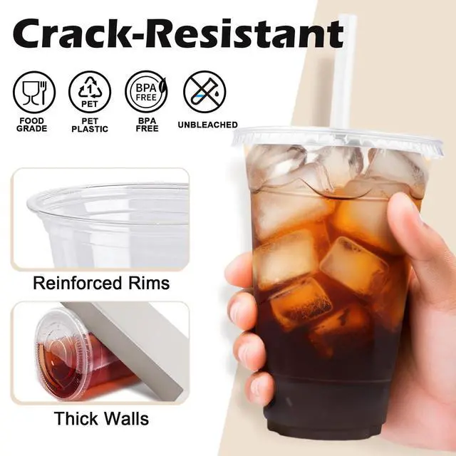 Alt view image 3 of 6 - 100 Pack 16 oz Clear Plastic Cups with Lids and Straws, Disposable Plastic Coffee Cups with Lids for Iced Coffee, Cold Beverages, Smoothies and To-Go Drinks