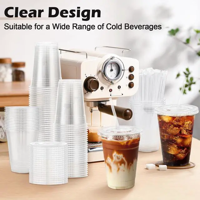 Alt view image 4 of 6 - 100 Pack 16 oz Clear Plastic Cups with Lids and Straws, Disposable Plastic Coffee Cups with Lids for Iced Coffee, Cold Beverages, Smoothies and To-Go Drinks
