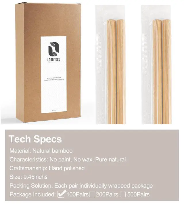 Alt view image 6 of 6 - 100Pairs Bamboo Chopsticks Disposable | Individually Wrapped | Bulk | Separated | Round | Premium Quality-9.45in)