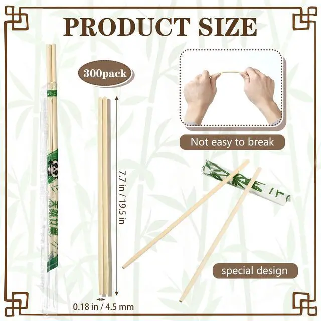 Alt view image 2 of 6 - 300 Pairs Bamboo Disposable Chopsticks Bulk 8 Inch Round Separated Wooden Chopsticks Individually Wrapped in Clear Sleeve Film for Take out Orders Restaurants Picnics(Panda Pattern)