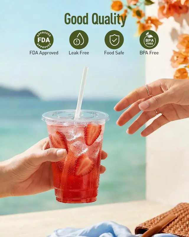 Alt view image 3 of 7 - Plastic Cups with Lids and Straws Clear Disposable iced coffee cups with lids,BPA-Free Break Resistant & Heavy Duty for Smoothies, Juice, Soda & Party To Go