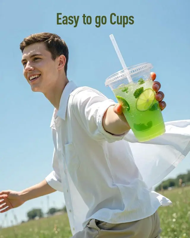 Alt view image 4 of 7 - Plastic Cups with Lids and Straws Clear Disposable iced coffee cups with lids,BPA-Free Break Resistant & Heavy Duty for Smoothies, Juice, Soda & Party To Go