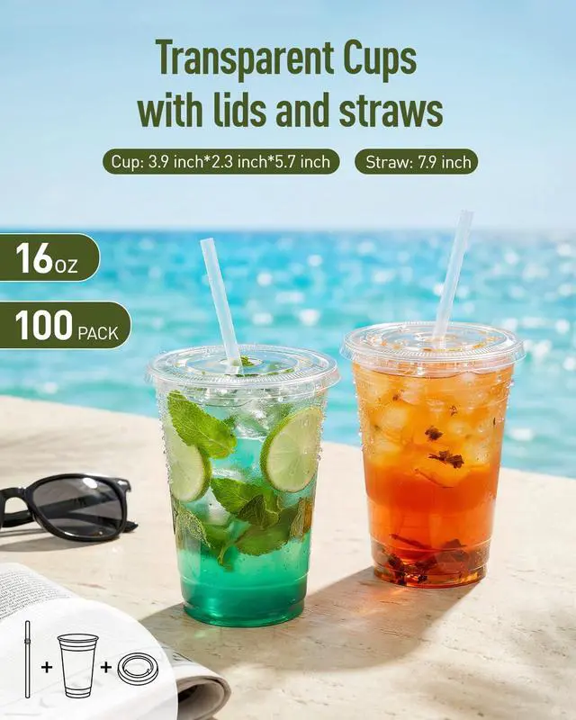 Alt view image 5 of 7 - Plastic Cups with Lids and Straws Clear Disposable iced coffee cups with lids,BPA-Free Break Resistant & Heavy Duty for Smoothies, Juice, Soda & Party To Go