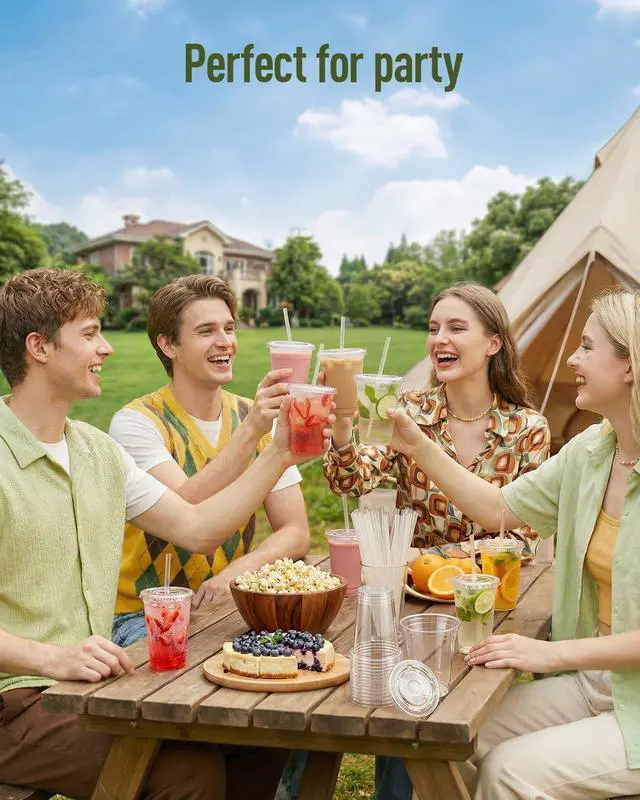 Alt view image 7 of 7 - Plastic Cups with Lids and Straws Clear Disposable iced coffee cups with lids,BPA-Free Break Resistant & Heavy Duty for Smoothies, Juice, Soda & Party To Go