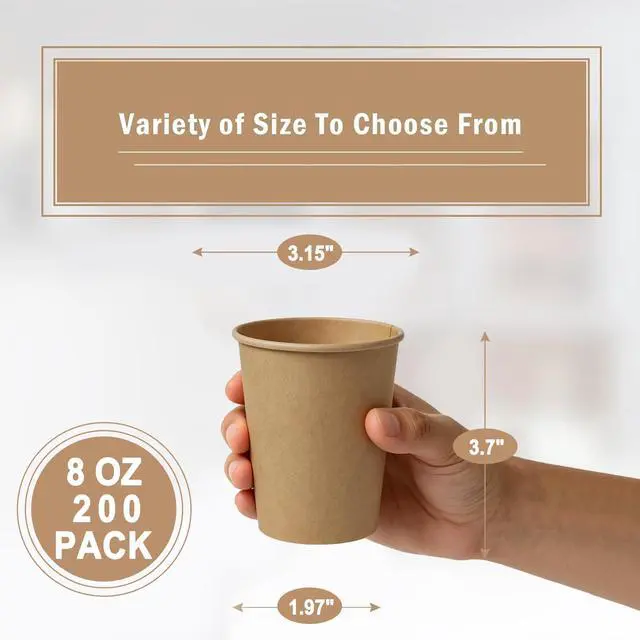 Alt view image 2 of 7 - 200 Pack 8 oz Kraft Paper Cups, Brown Disposable Paper Coffee Cups, Unbleached Paper Cups for Hot/Cold Beverage Party Home Office