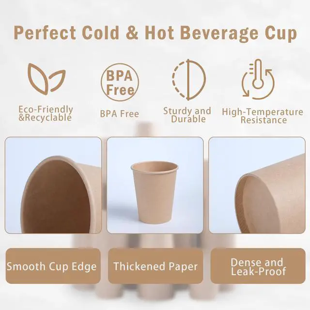 Alt view image 3 of 7 - 200 Pack 8 oz Kraft Paper Cups, Brown Disposable Paper Coffee Cups, Unbleached Paper Cups for Hot/Cold Beverage Party Home Office