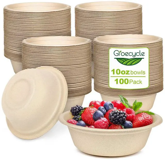 Main image of Paper Bowls 10 oz, 100 Pack Small Disposable Bowls, Heavy Duty Bowls For Hot Soup, Ice Cream, Fruits, Snack, 100% Compostable Biodegradable Bowls Made Of Sugarcane