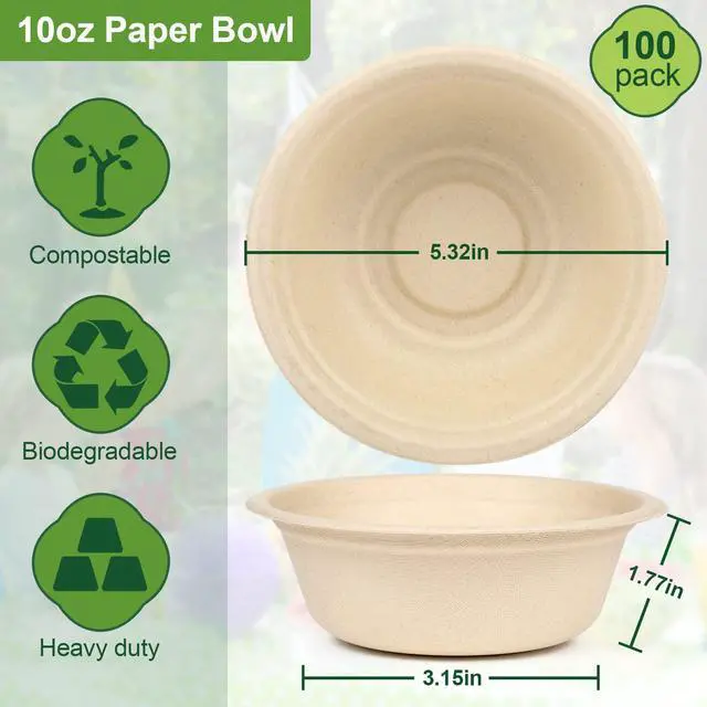 Alt view image 7 of 7 - Paper Bowls 10 oz, 100 Pack Small Disposable Bowls, Heavy Duty Bowls For Hot Soup, Ice Cream, Fruits, Snack, 100% Compostable Biodegradable Bowls Made Of Sugarcane