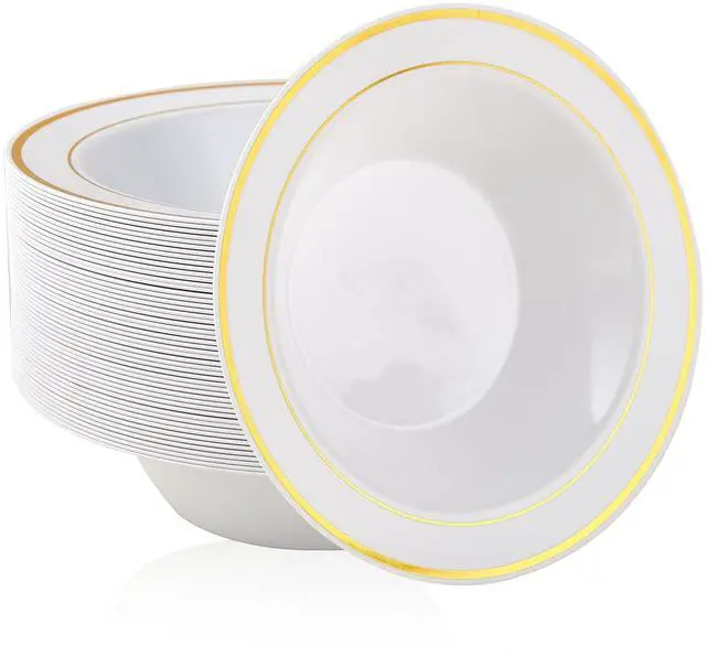 Main image of 50PCS Plastic Bowls with Gold Rim-12oz disposable Soup Bowls, Christmas Thanksgiving Premium Dessert Salad Bowl for Wedding/Party