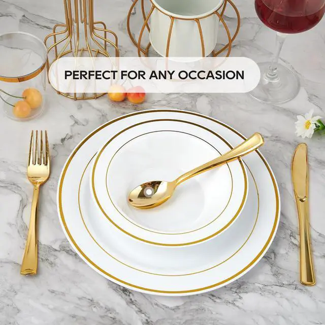 Alt view image 3 of 7 - 50PCS Plastic Bowls with Gold Rim-12oz disposable Soup Bowls, Christmas Thanksgiving Premium Dessert Salad Bowl for Wedding/Party