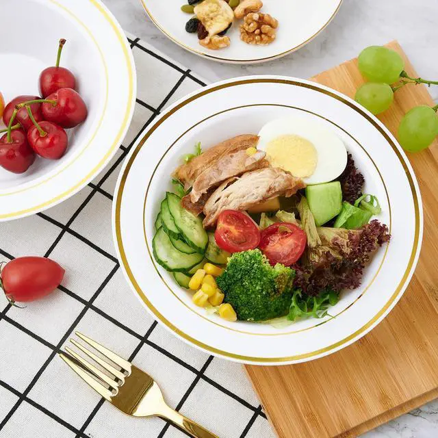 Alt view image 4 of 7 - 50PCS Plastic Bowls with Gold Rim-12oz disposable Soup Bowls, Christmas Thanksgiving Premium Dessert Salad Bowl for Wedding/Party