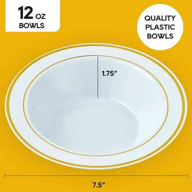 Alt view image 5 of 7 - 50PCS Plastic Bowls with Gold Rim-12oz disposable Soup Bowls, Christmas Thanksgiving Premium Dessert Salad Bowl for Wedding/Party