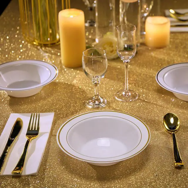 Alt view image 6 of 7 - 50PCS Plastic Bowls with Gold Rim-12oz disposable Soup Bowls, Christmas Thanksgiving Premium Dessert Salad Bowl for Wedding/Party