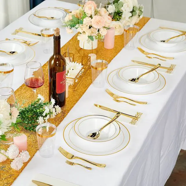 Alt view image 7 of 7 - 50PCS Plastic Bowls with Gold Rim-12oz disposable Soup Bowls, Christmas Thanksgiving Premium Dessert Salad Bowl for Wedding/Party