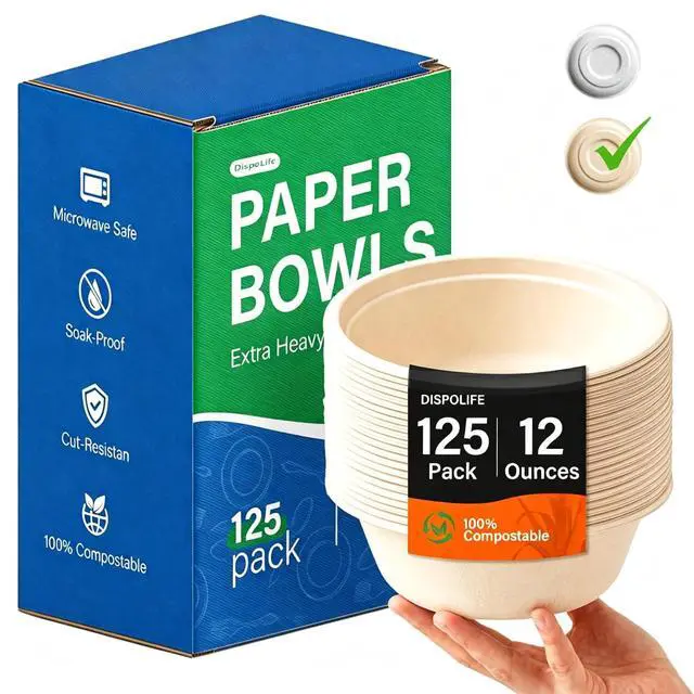 Main image of 125 Pack 12 Oz Disposable Paper Bowls,Heavy-Duty Compostable Bowls for Soup,Pasta,Salad,Cereal & Serving,Eco-Friendly Bagasse Bowls,Small Bowls for Party,Natural