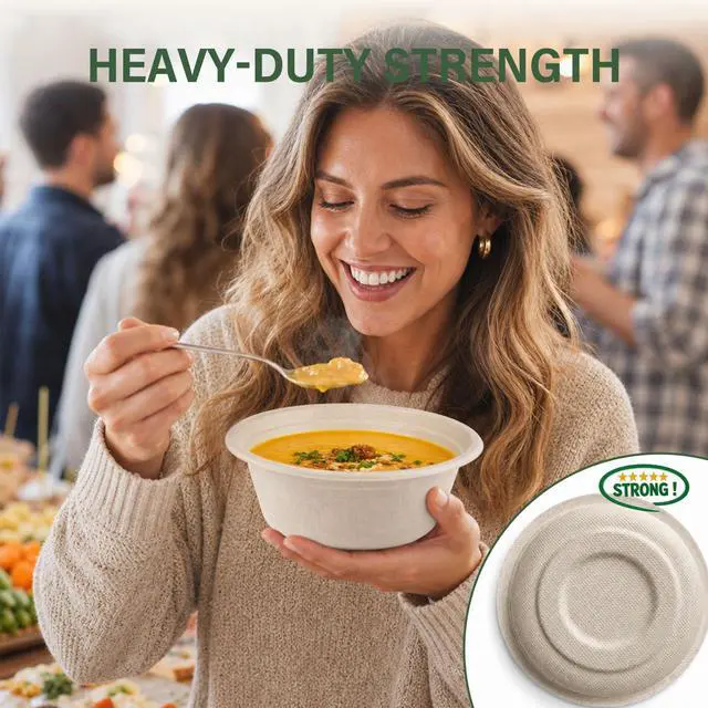 Alt view image 2 of 7 - 125 Pack 12 Oz Disposable Paper Bowls,Heavy-Duty Compostable Bowls for Soup,Pasta,Salad,Cereal & Serving,Eco-Friendly Bagasse Bowls,Small Bowls for Party,Natural