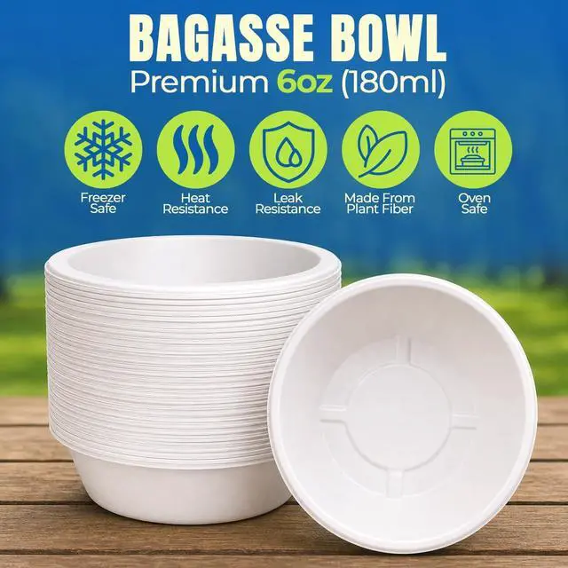 Alt view image 3 of 7 - . 6 oz Compostable Bagasse Bowls,200 Pack- Biodegradable Disposable Bowls, Heavy-Duty, Leak-Proof, Microwave Safe