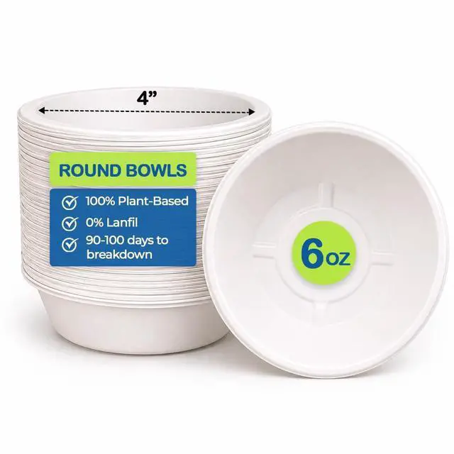 Alt view image 2 of 7 - . 6 oz Compostable Bagasse Bowls,200 Pack- Biodegradable Disposable Bowls, Heavy-Duty, Leak-Proof, Microwave Safe