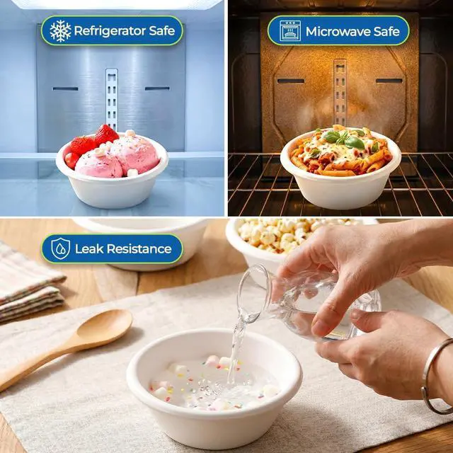 Alt view image 4 of 7 - . 6 oz Compostable Bagasse Bowls,200 Pack- Biodegradable Disposable Bowls, Heavy-Duty, Leak-Proof, Microwave Safe